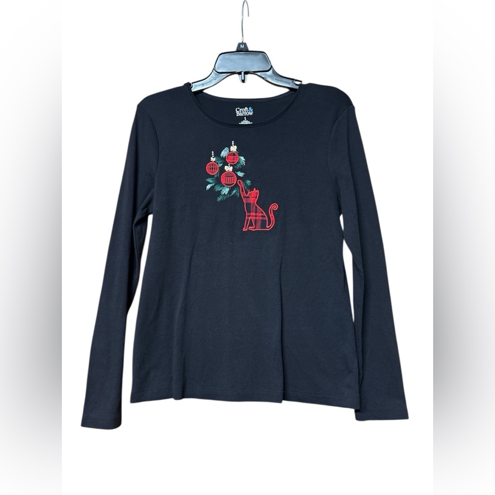 Croft and Barrow Black Long Sleeve Cat Christmas Shirt